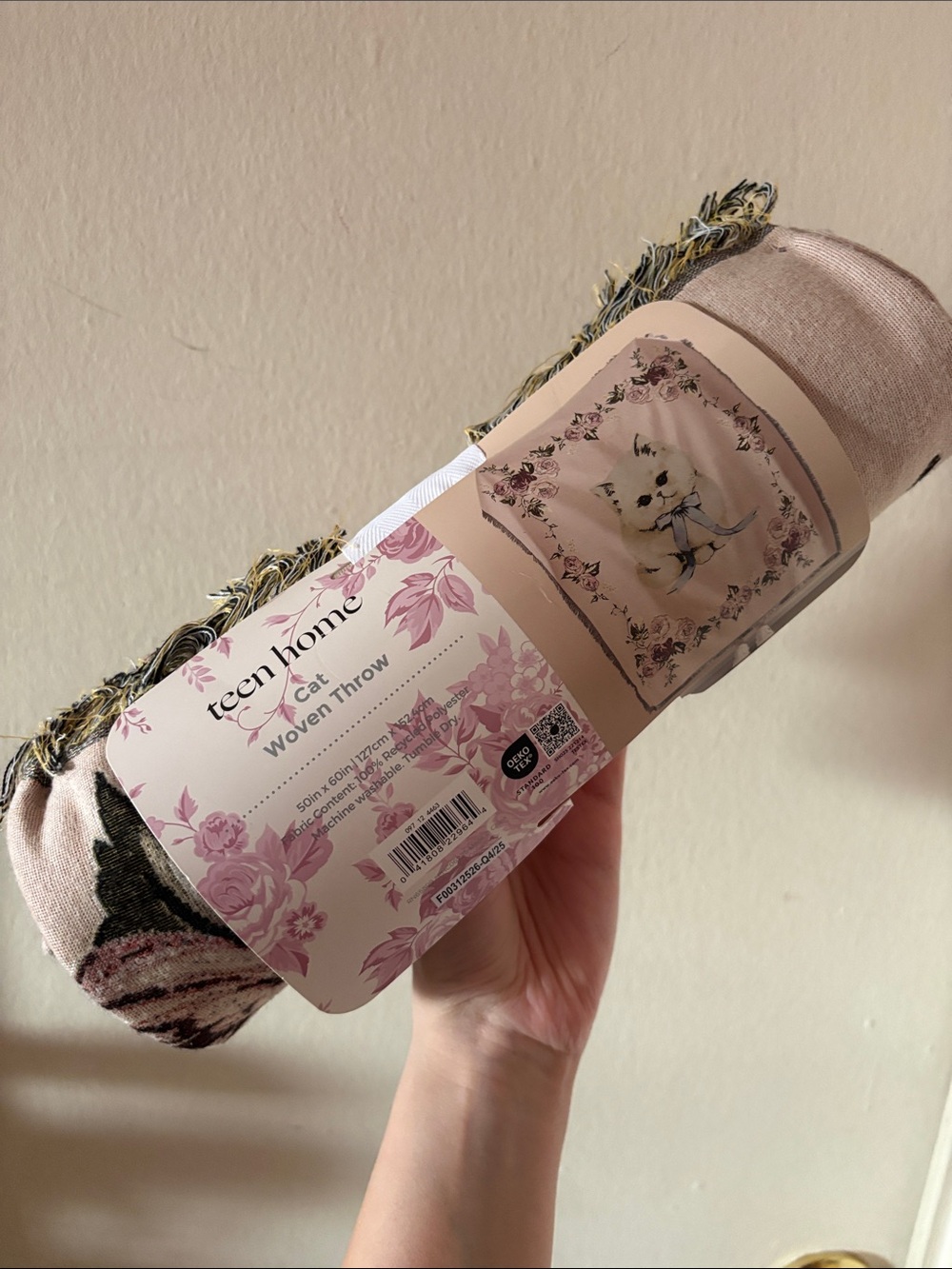 NWT Target Teen Home Cat and Floral Print Pink Woven Throw Blank